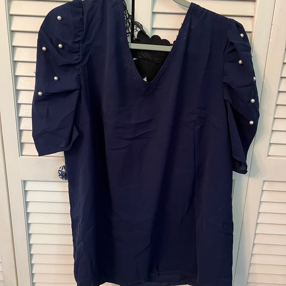 SHEIN Dark Blue Blouse with Pearl Embellishments